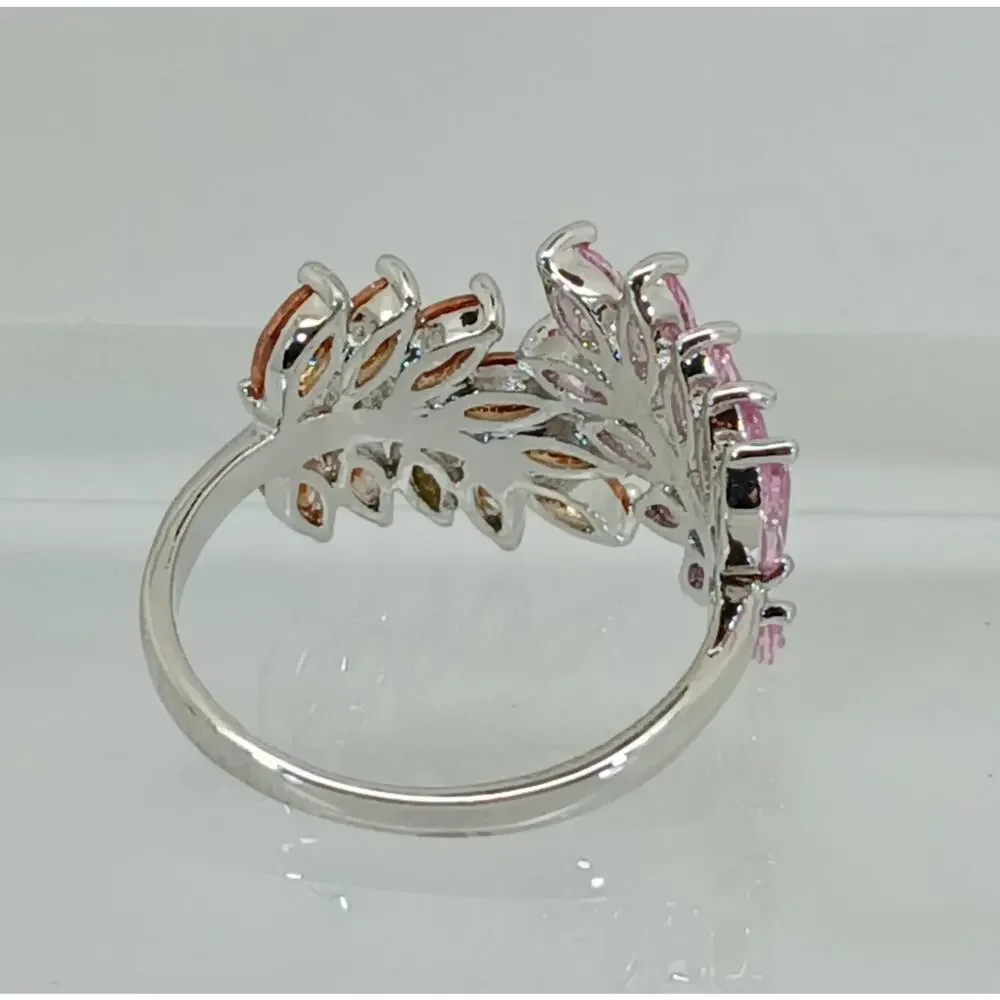 Vintage‎ Ring Size 9.5 Silver Tone White Gold GP Pink Champagne Amber CZ Spray